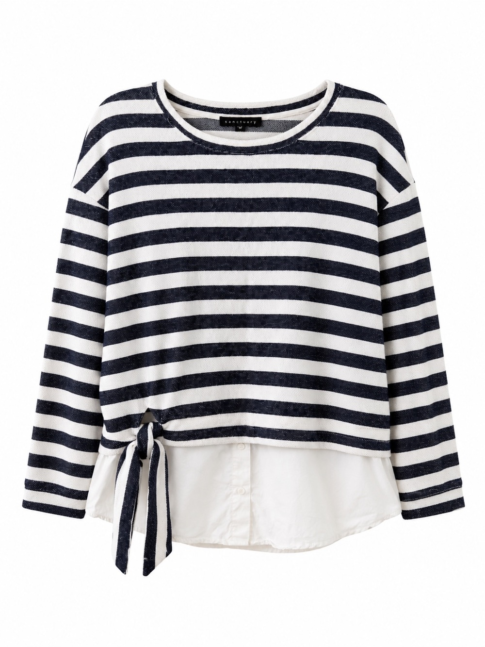 Sanctuary Striped Oversized Sweater with Layered Shirt Hem - Size S Navy White